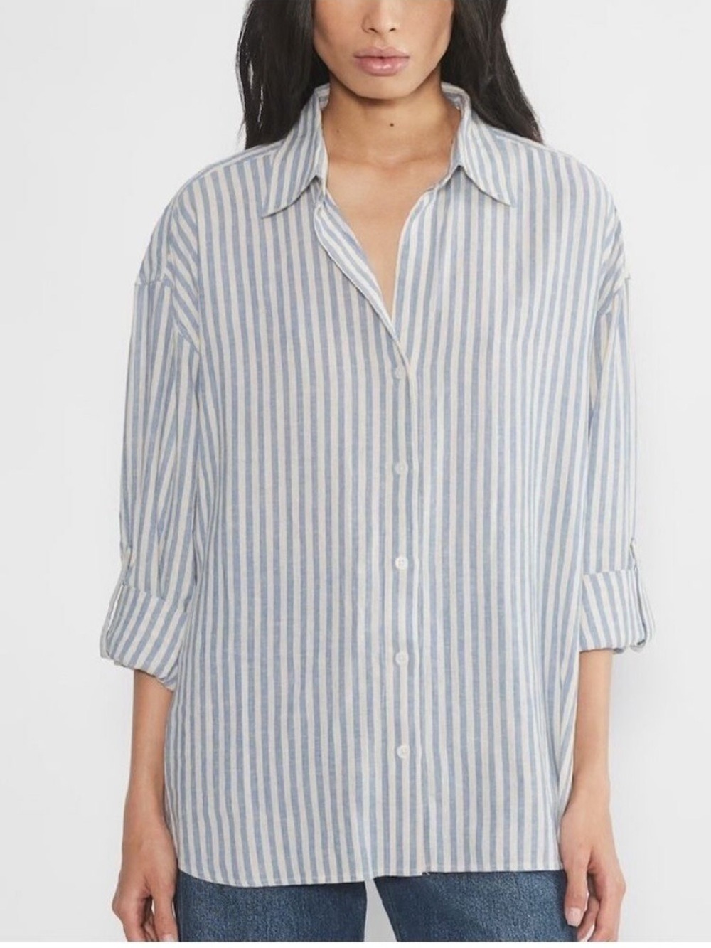Babaton Striped Button Down Oversized Relaxed Shirt in Blue and white SZ S